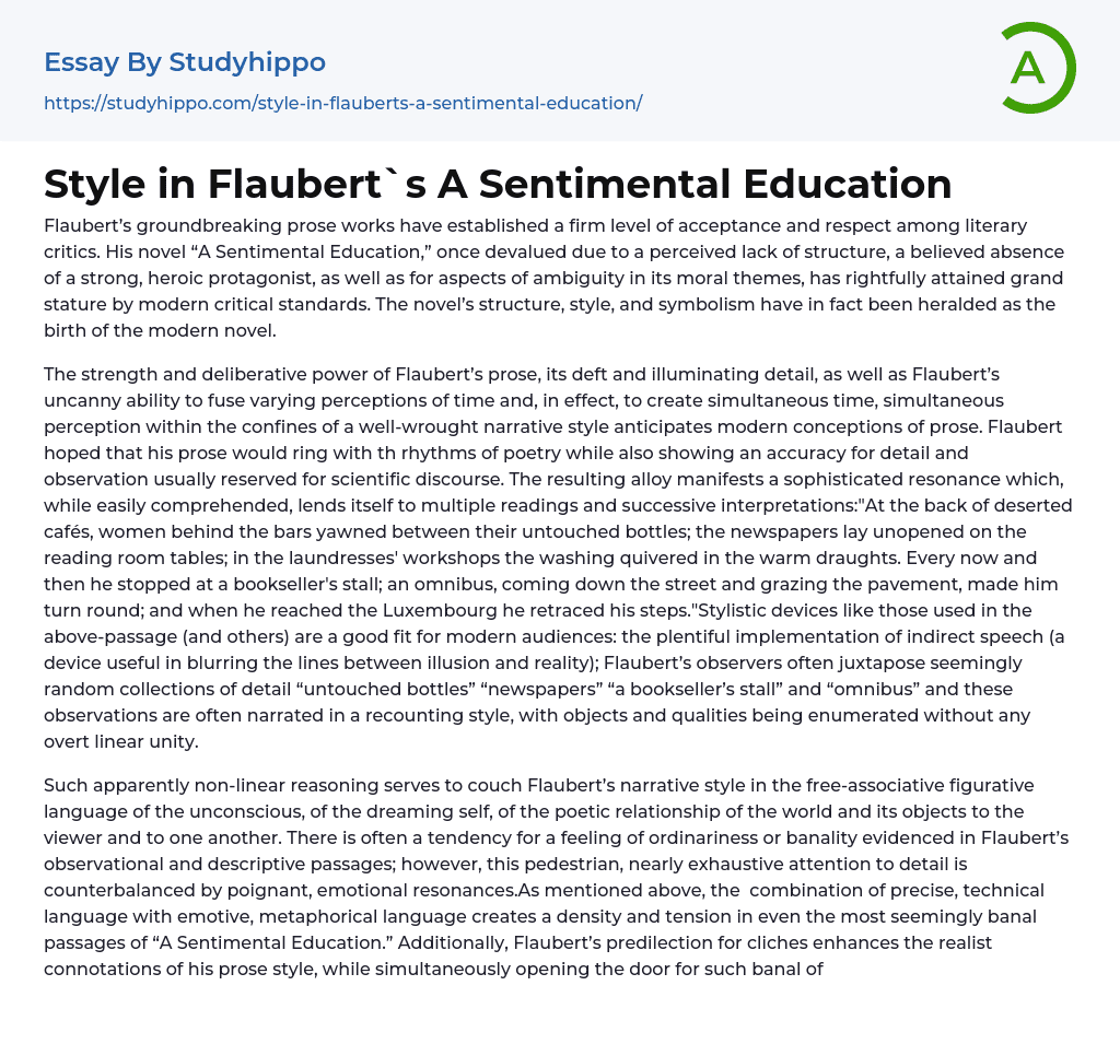 Style in Flaubert`s A Sentimental Education Essay Example