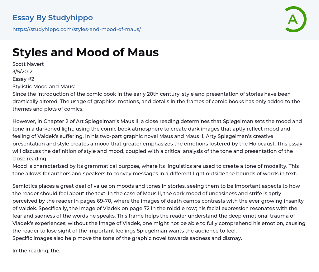Styles and Mood of “Maus” Spiegelman Essay Example