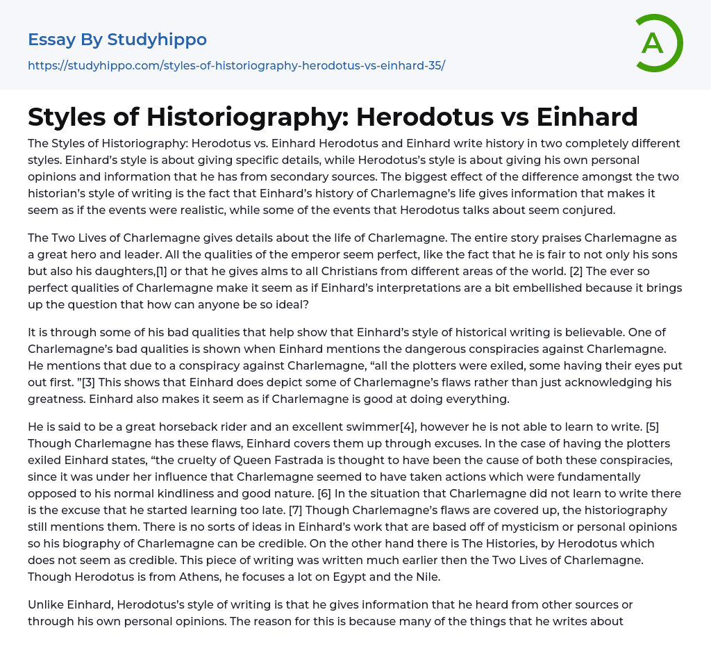 Styles of Historiography: Herodotus vs Einhard Essay Example