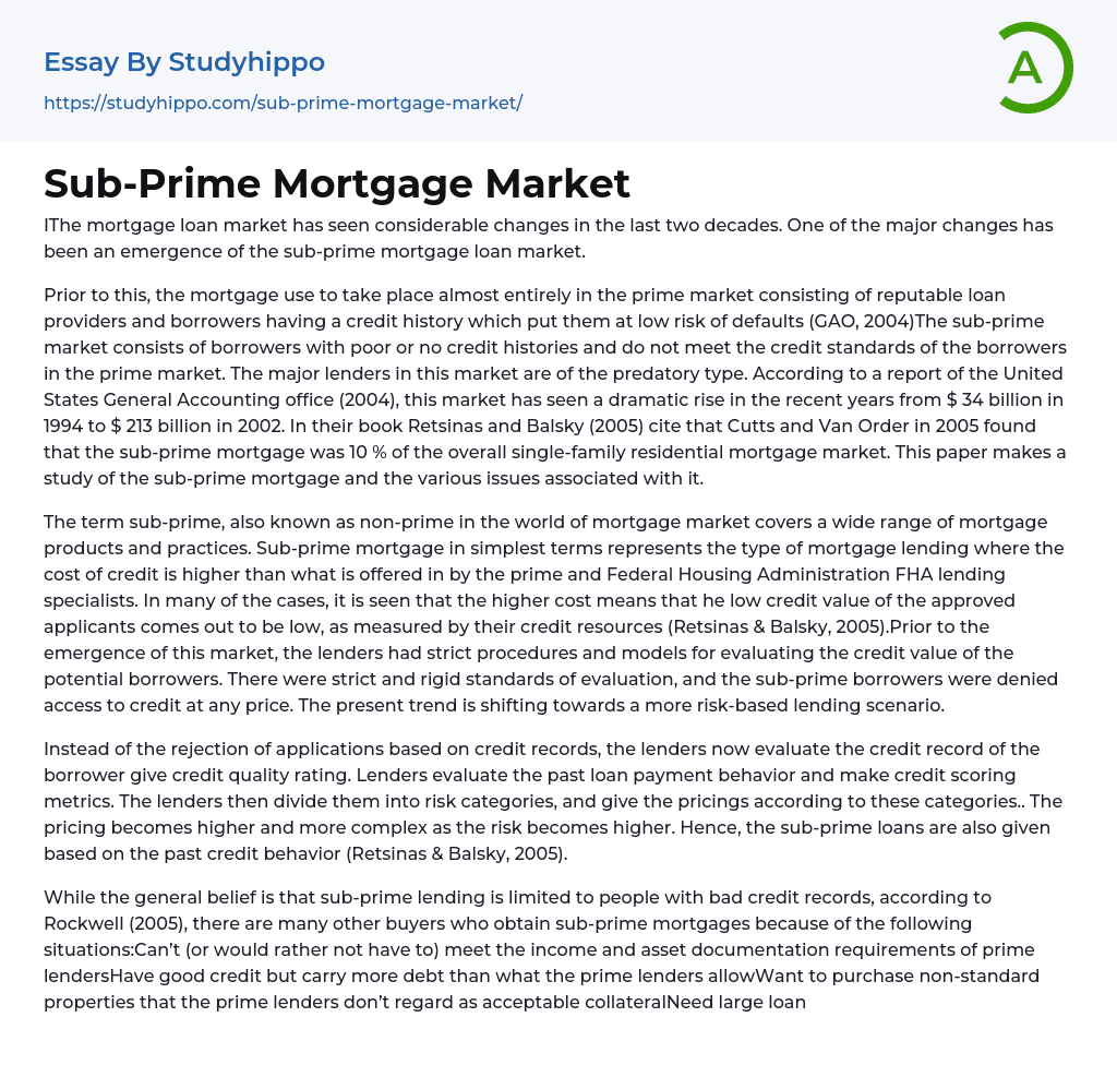 Sub-Prime Mortgage Market Essay Example