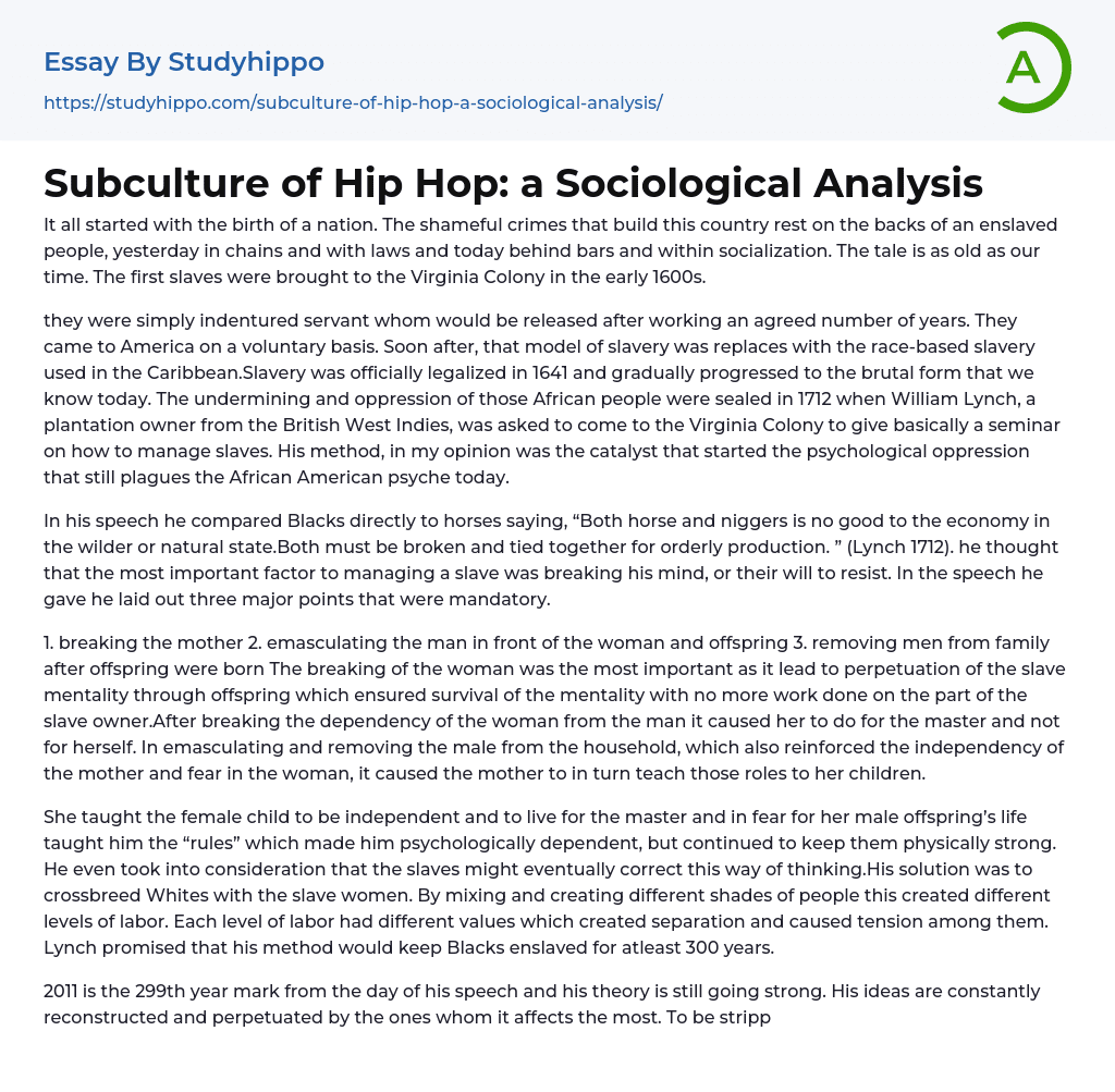 Subculture of Hip Hop: a Sociological Analysis Essay Example