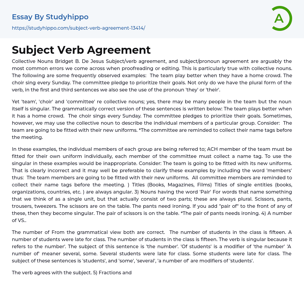 Subject Verb Agreement Essay Example
