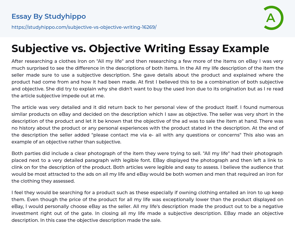 Subjective vs. Objective Writing Essay Example