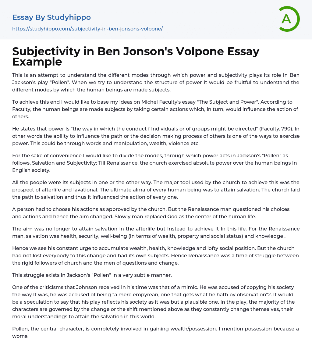 Subjectivity in Ben Jonson’s Volpone Essay Example