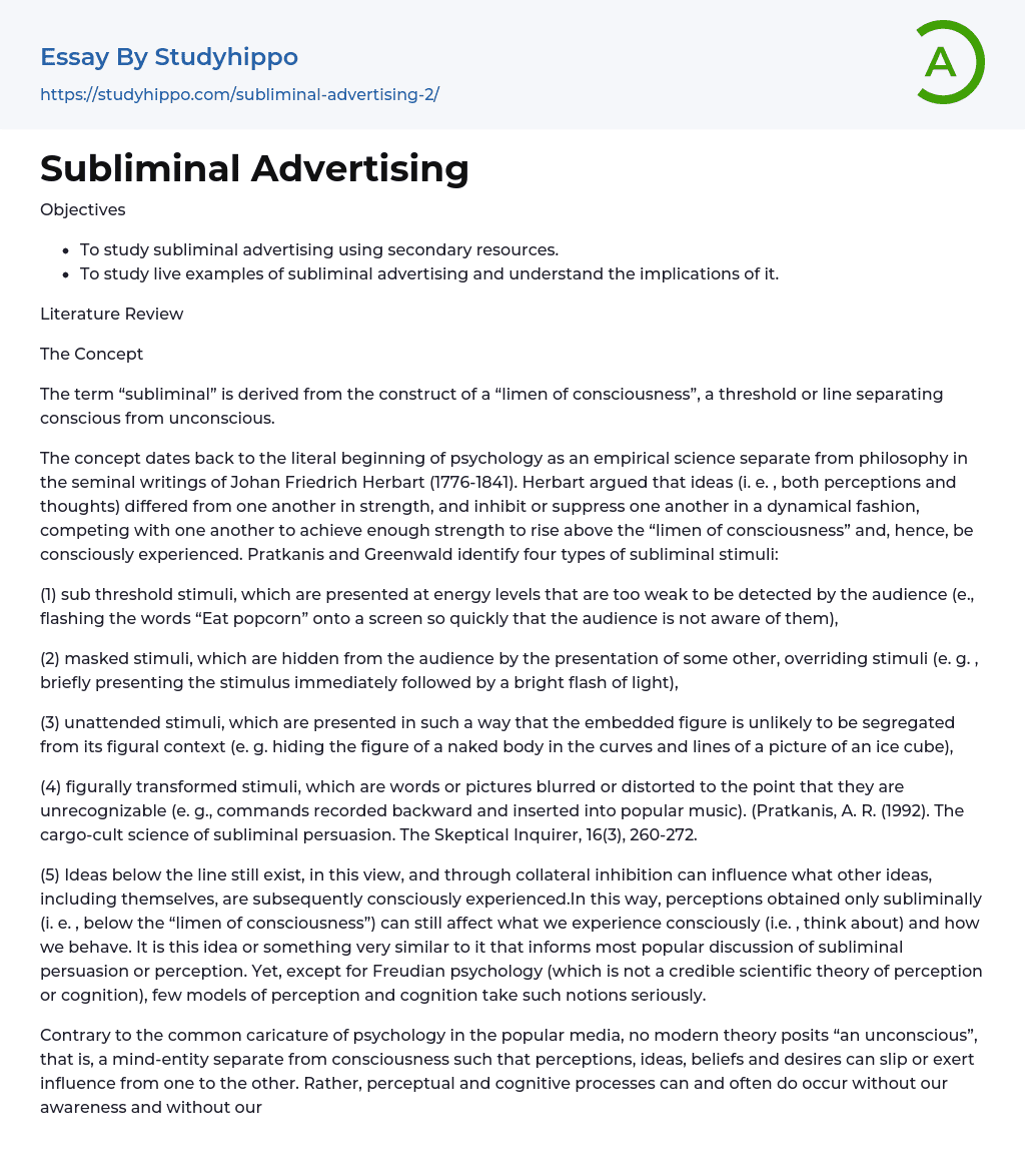 Subliminal Advertising Essay Example