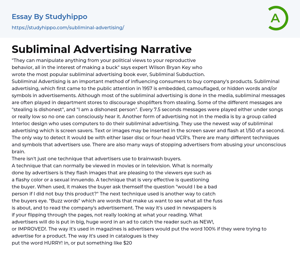 Subliminal Advertising Narrative Essay Example