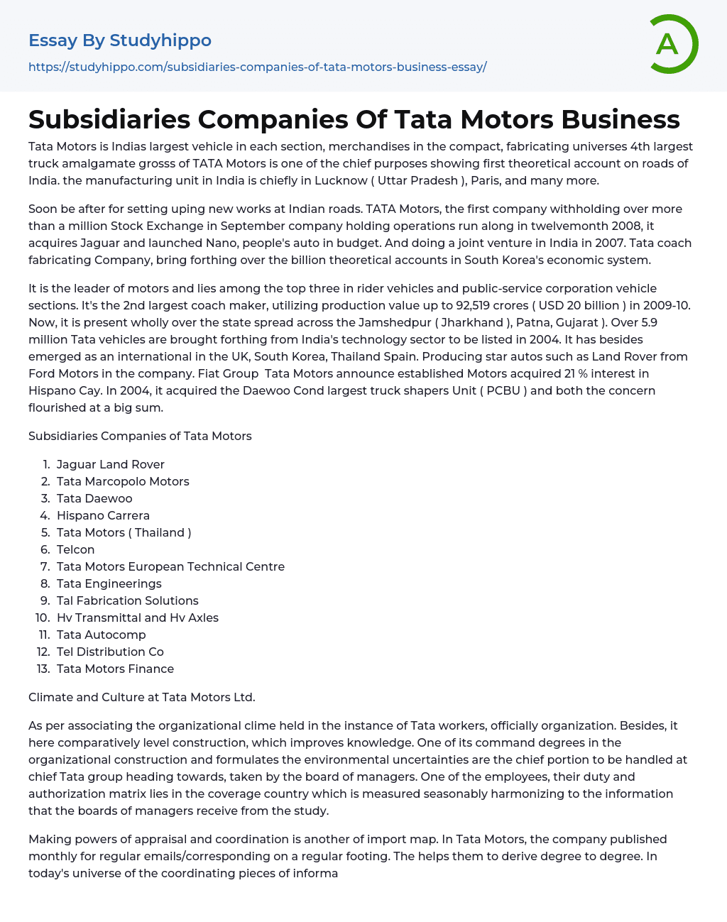 Subsidiaries Companies Of Tata Motors Business Essay Example