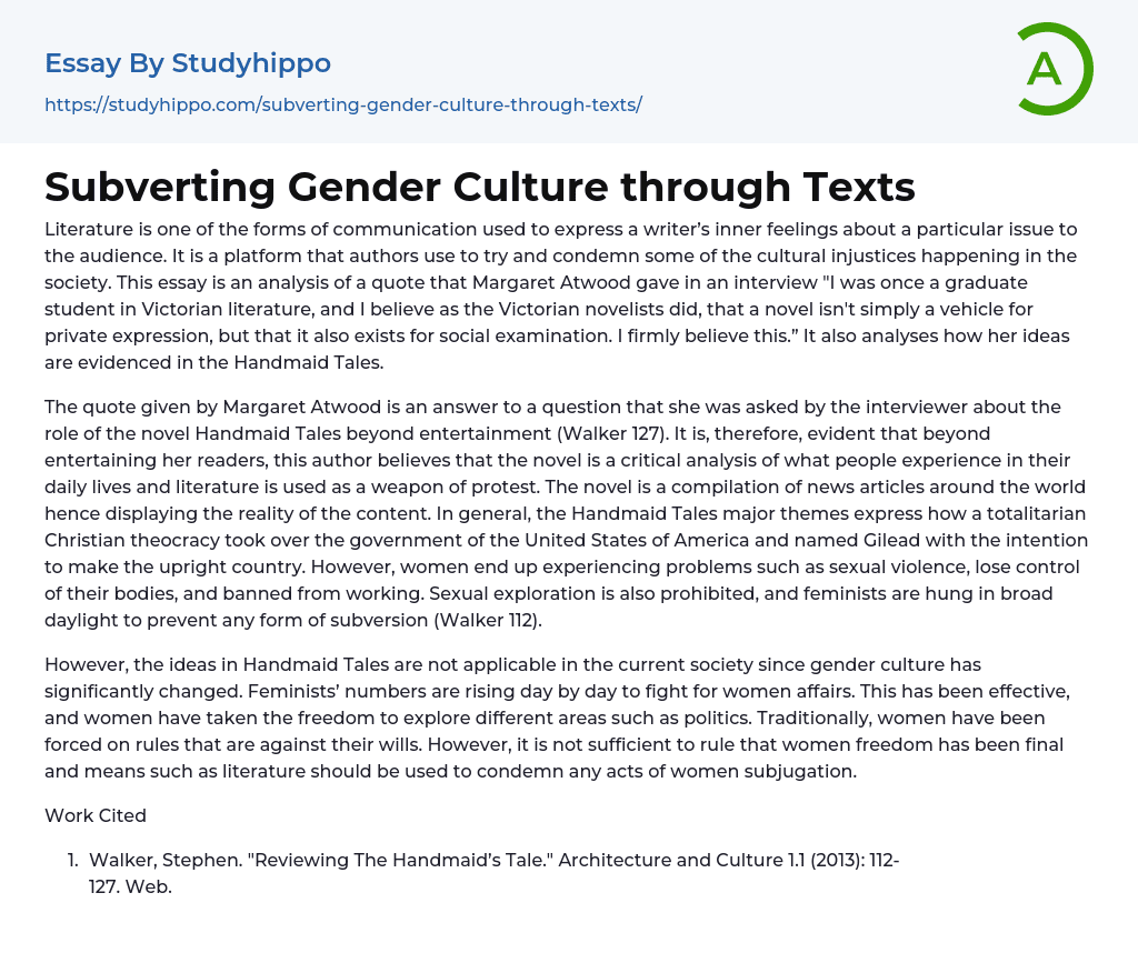Subverting Gender Culture through Texts Essay Example