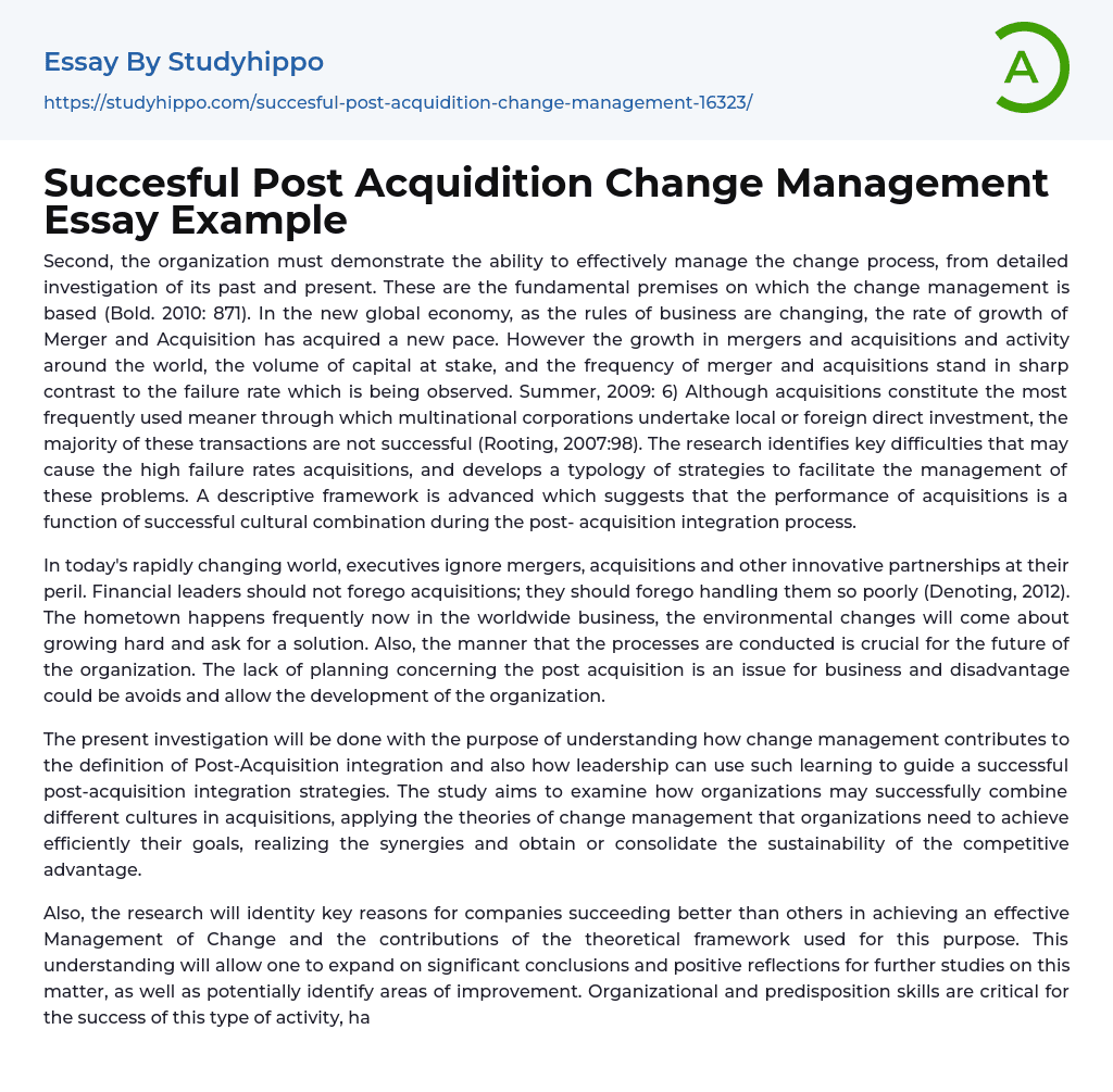 Succesful Post Acquidition Change Management Essay Example