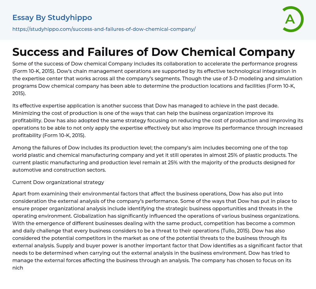 Success and Failures of Dow Chemical Company Essay Example