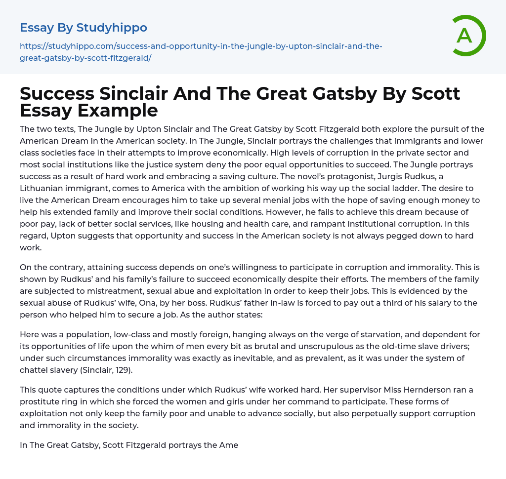 Success Sinclair And The Great Gatsby By Scott Essay Example