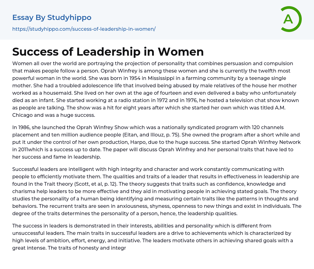 Success of Leadership in Women Essay Example