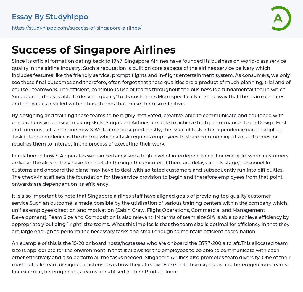 Success of Singapore Airlines Essay Example