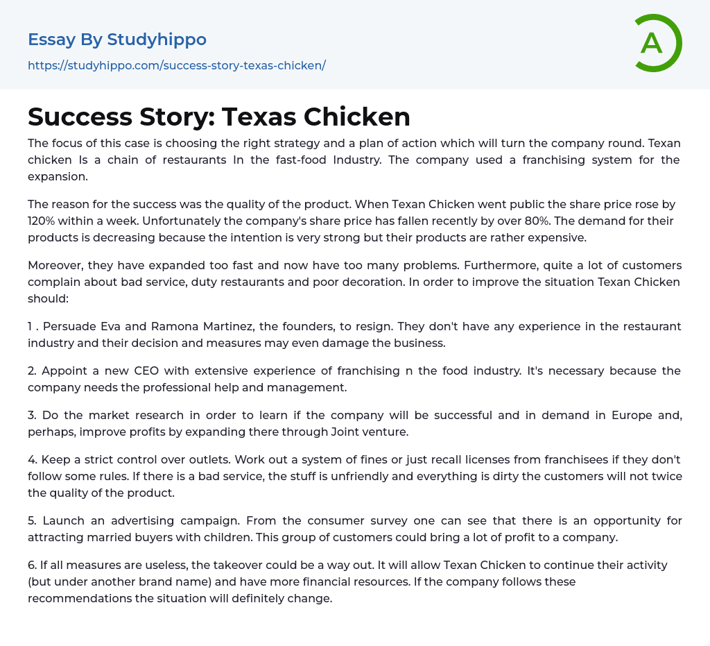 Success Story: Texas Chicken Essay Example