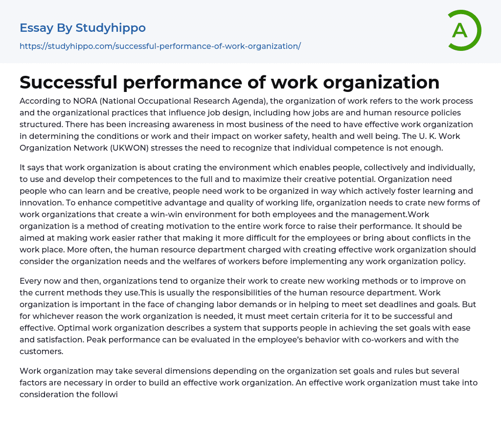 Successful performance of work organization Essay Example