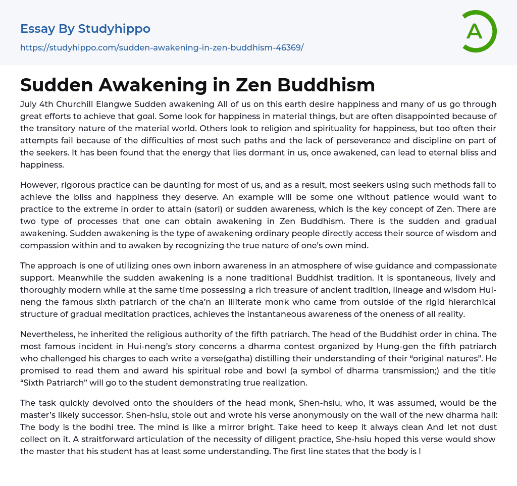 Sudden Awakening in Zen Buddhism Essay Example