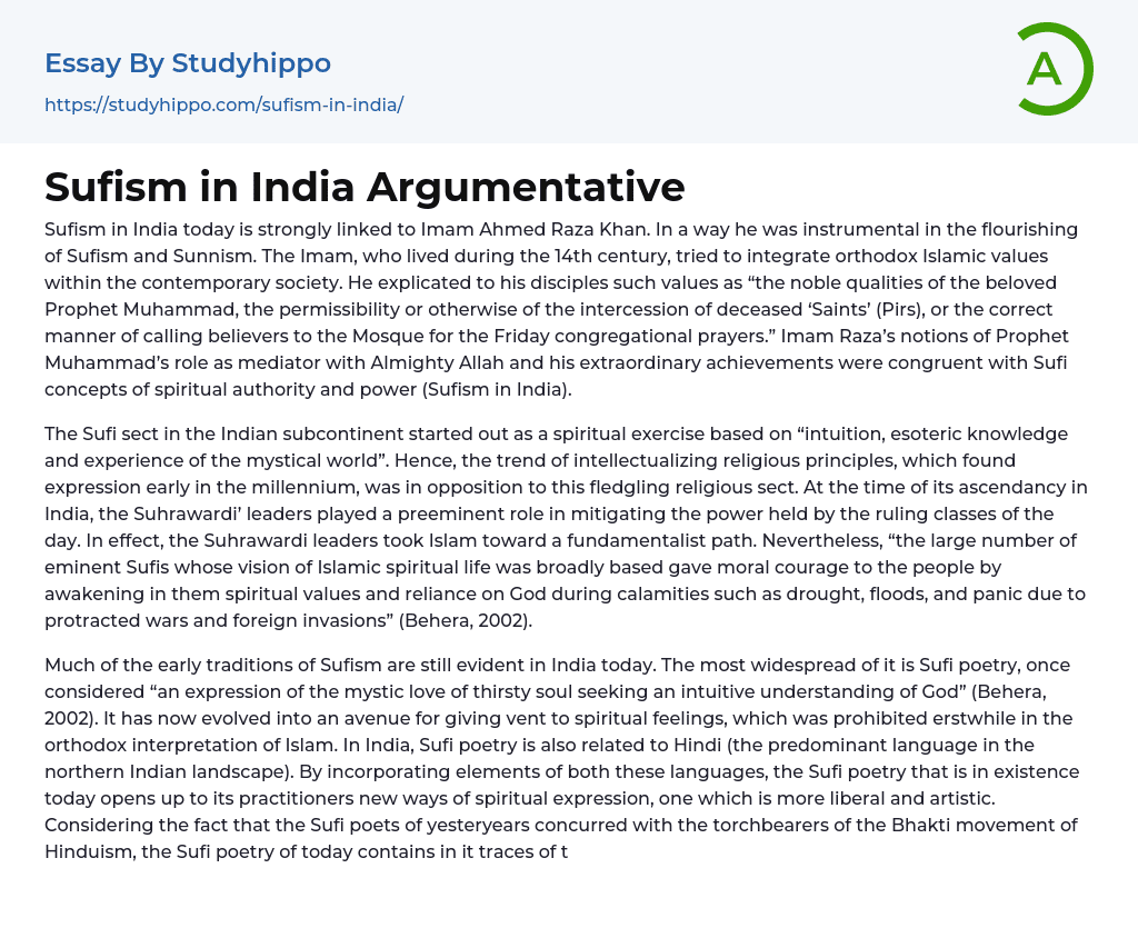 Sufism in India Argumentative Essay Example