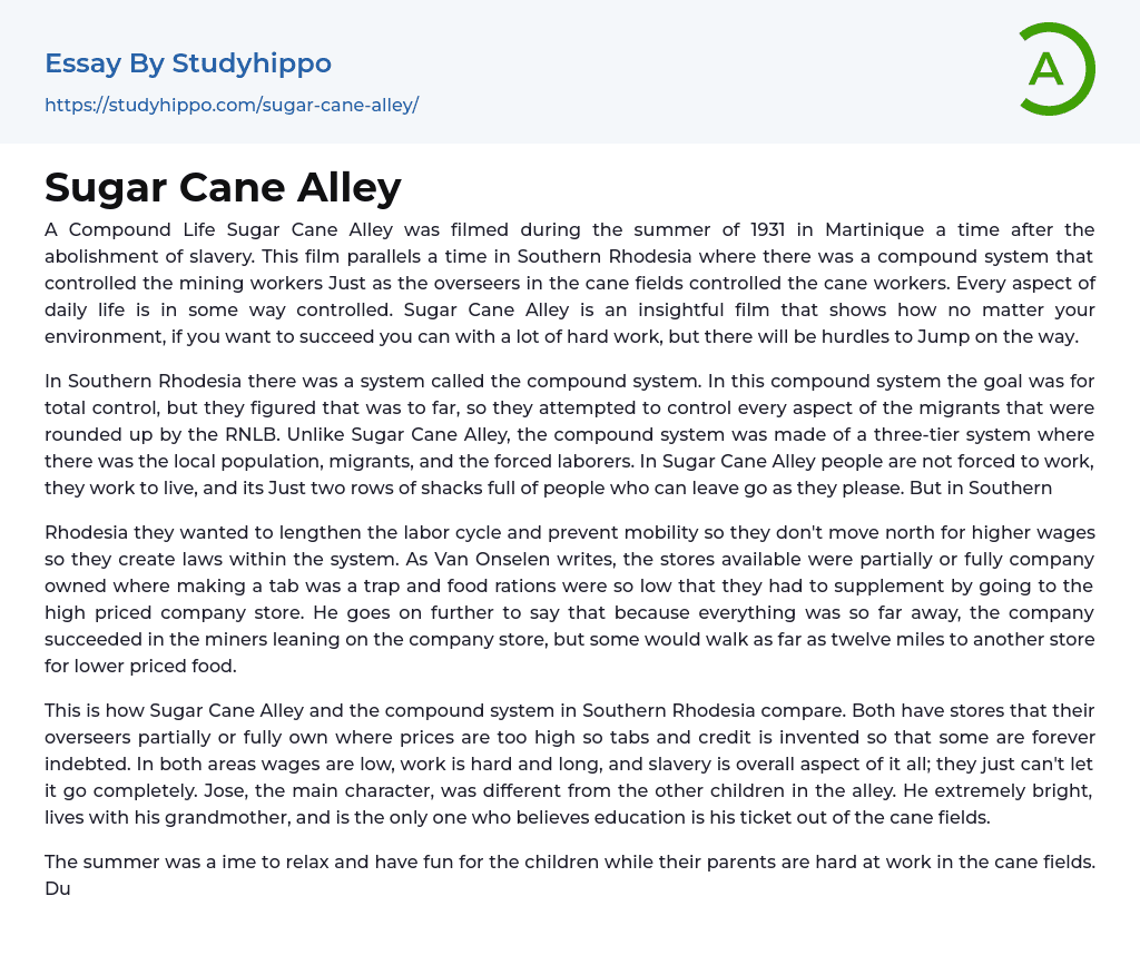 Sugar Cane Alley Essay Example