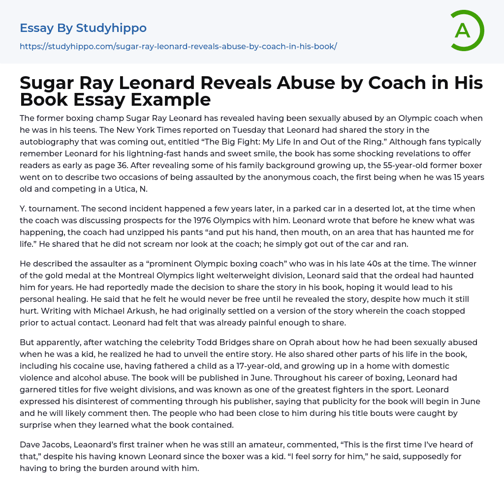 Sugar Ray Leonard Reveals Abuse by Coach in His Book Essay Example