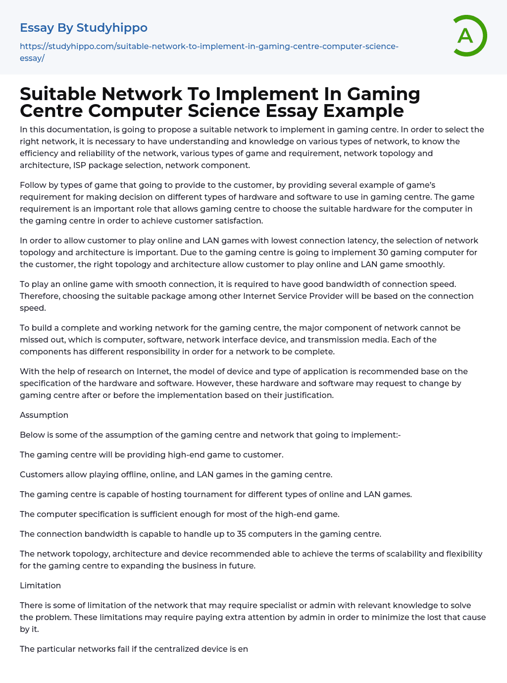 Suitable Network To Implement In Gaming Centre Computer Science Essay Example