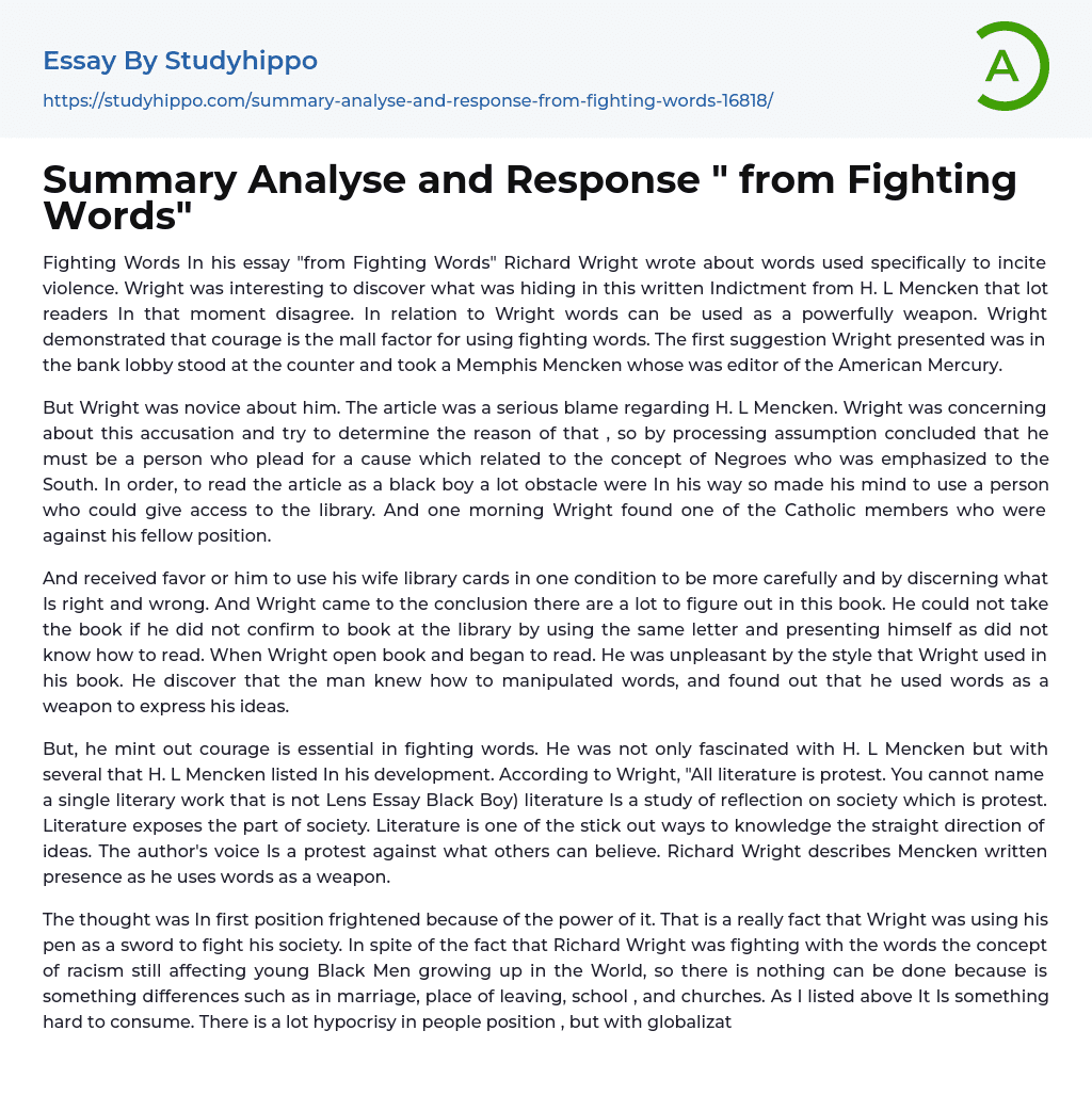 Summary Analyse and Response ” from Fighting Words” Essay Example