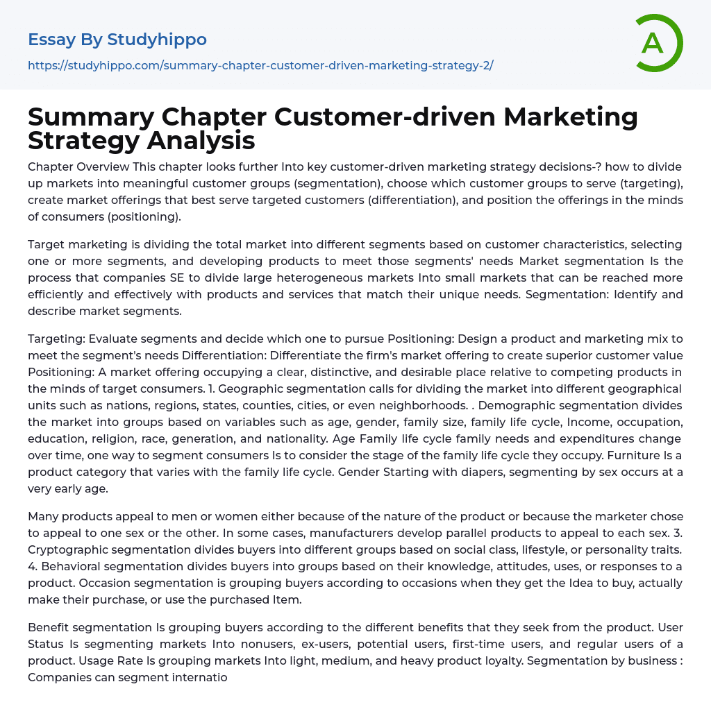 Summary Chapter Customer-driven Marketing Strategy Analysis Essay Example