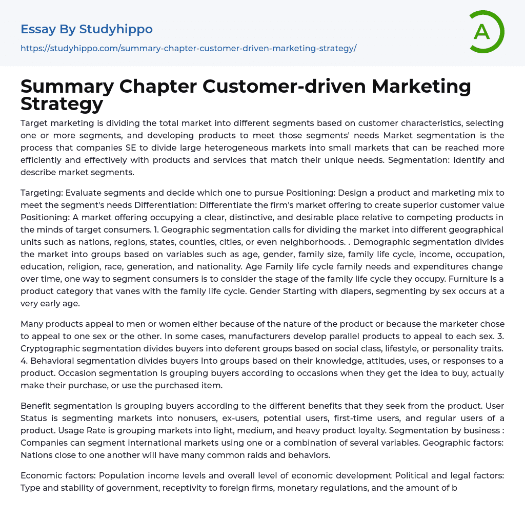Summary Chapter Customer-driven Marketing Strategy Essay Example