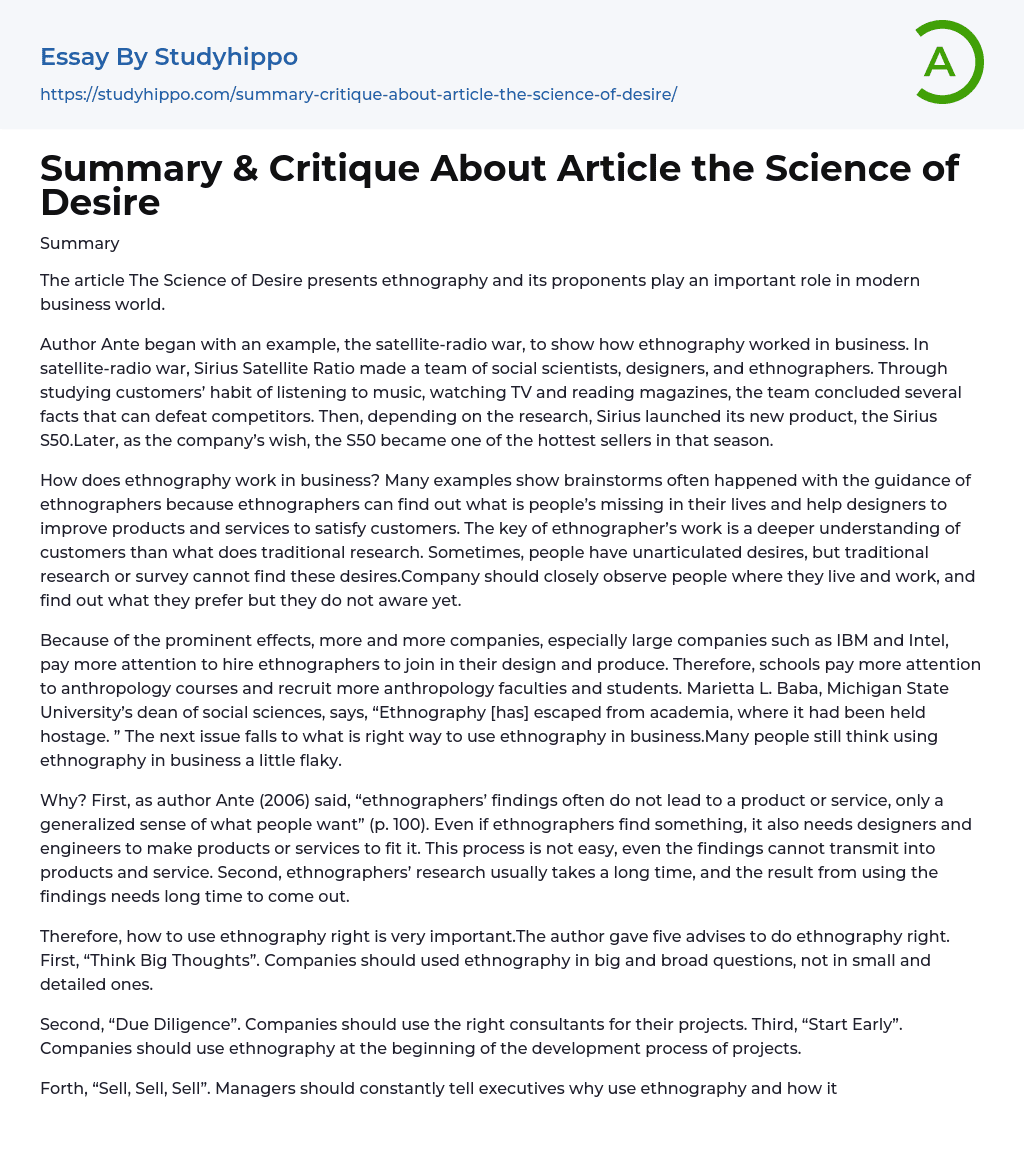 Summary & Critique About Article the Science of Desire Essay Example