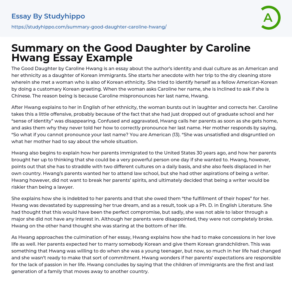 Summary on the Good Daughter by Caroline Hwang Essay Example