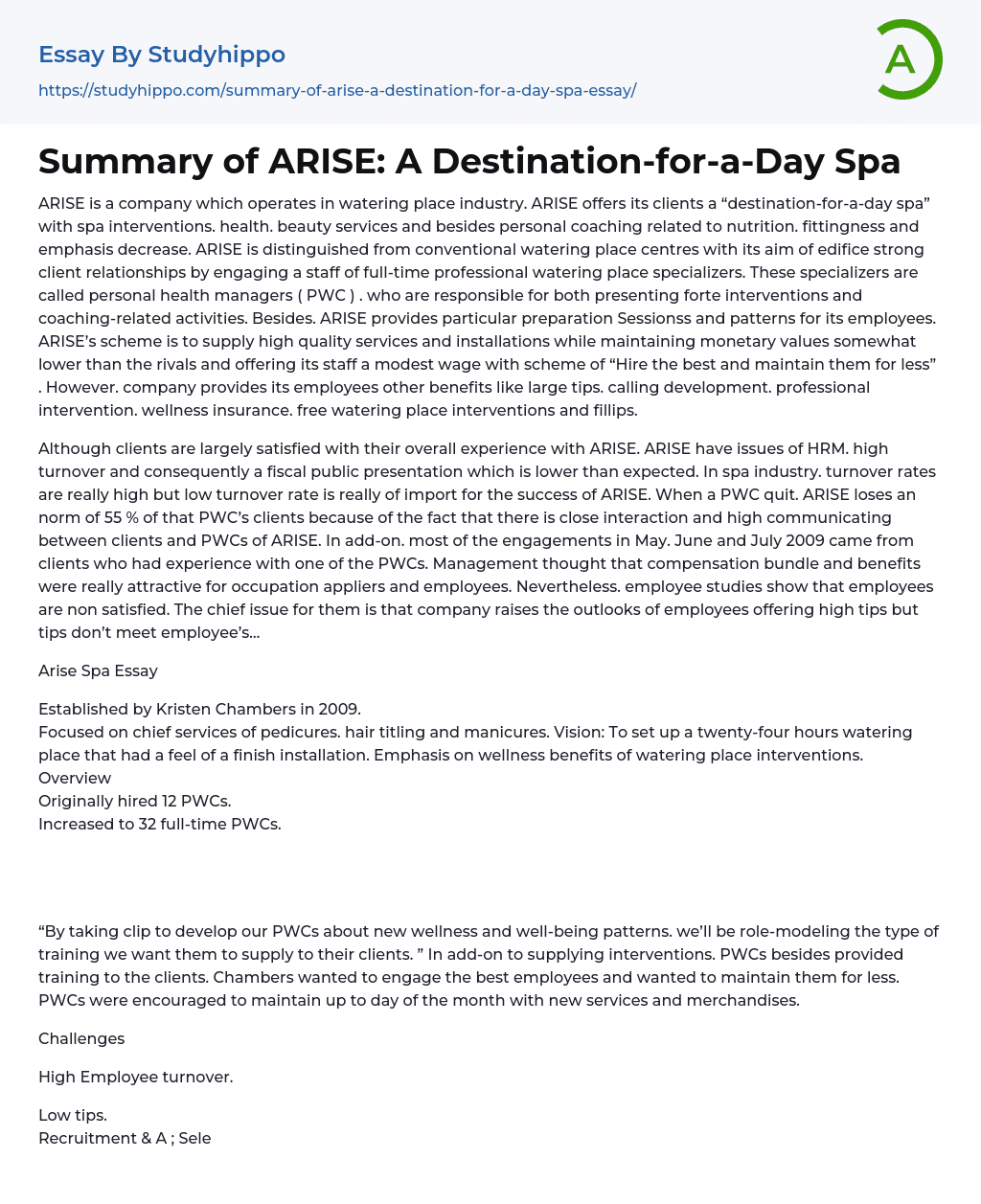 Summary of ARISE: A Destination-for-a-Day Spa Essay Example