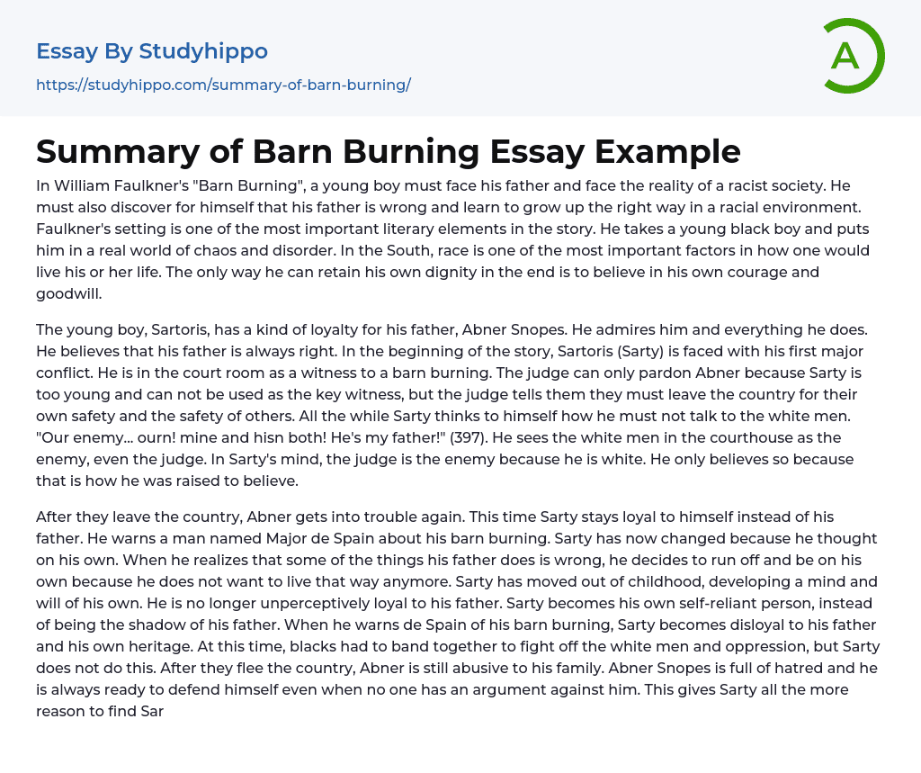 Summary of Barn Burning Essay Example
