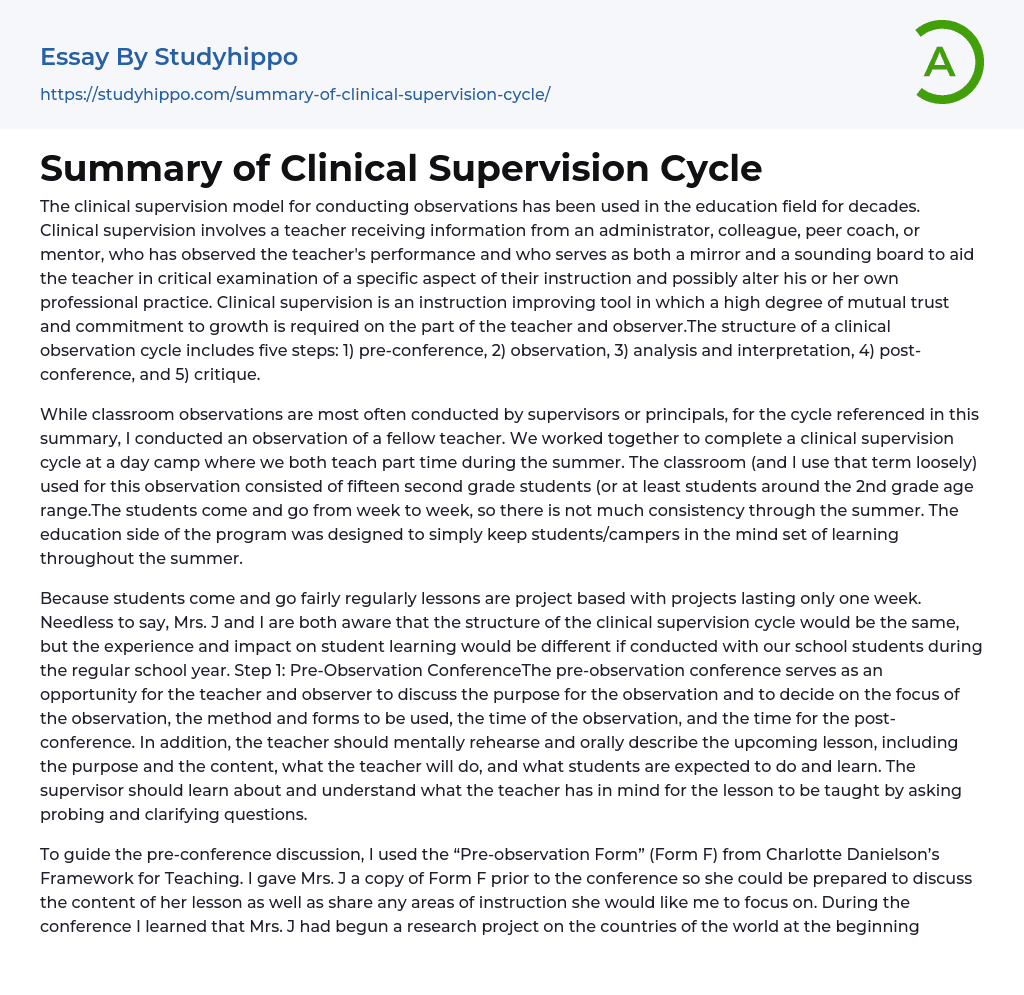 Summary of Clinical Supervision Cycle Essay Example