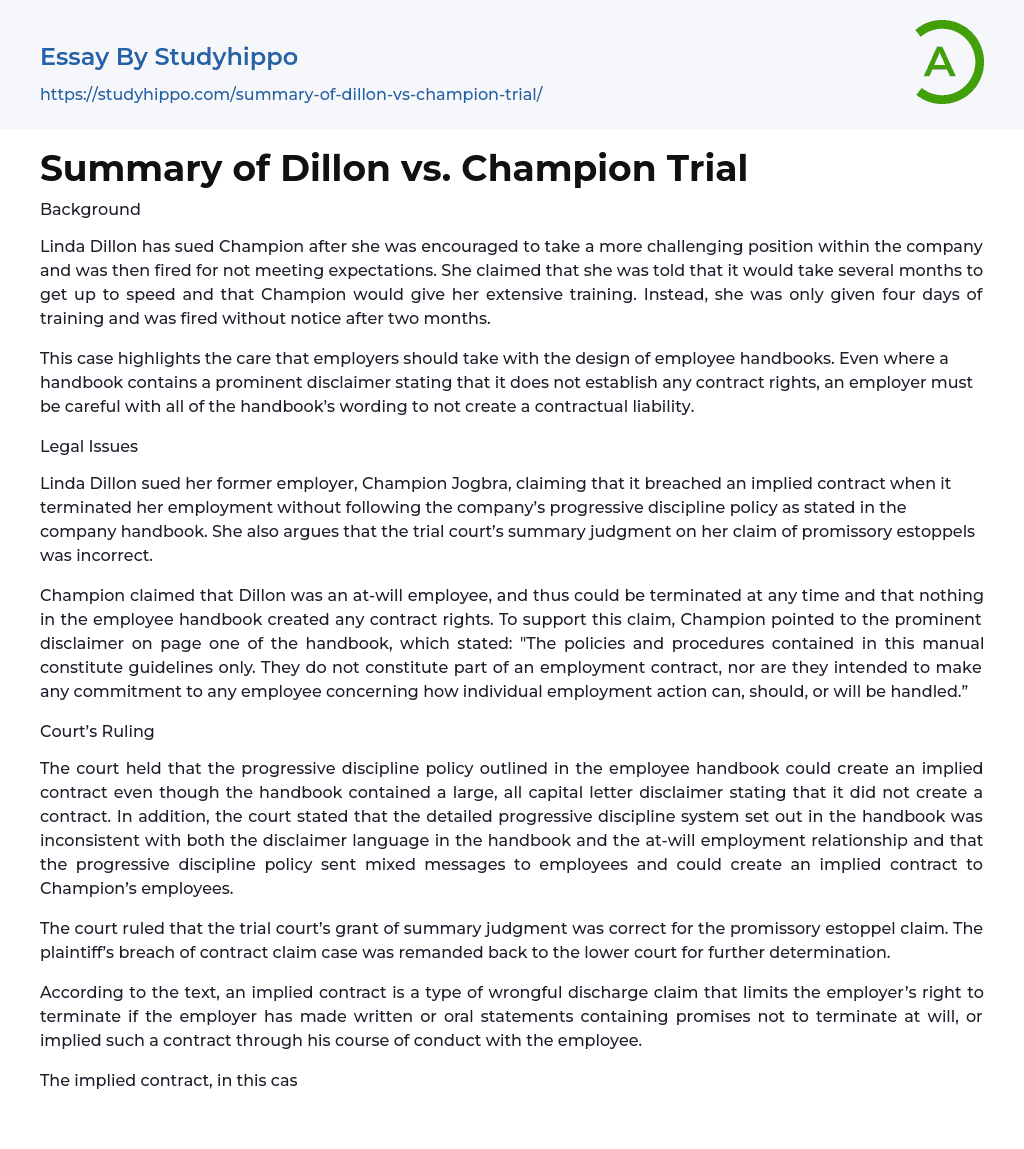 Summary of Dillon vs. Champion Trial Essay Example