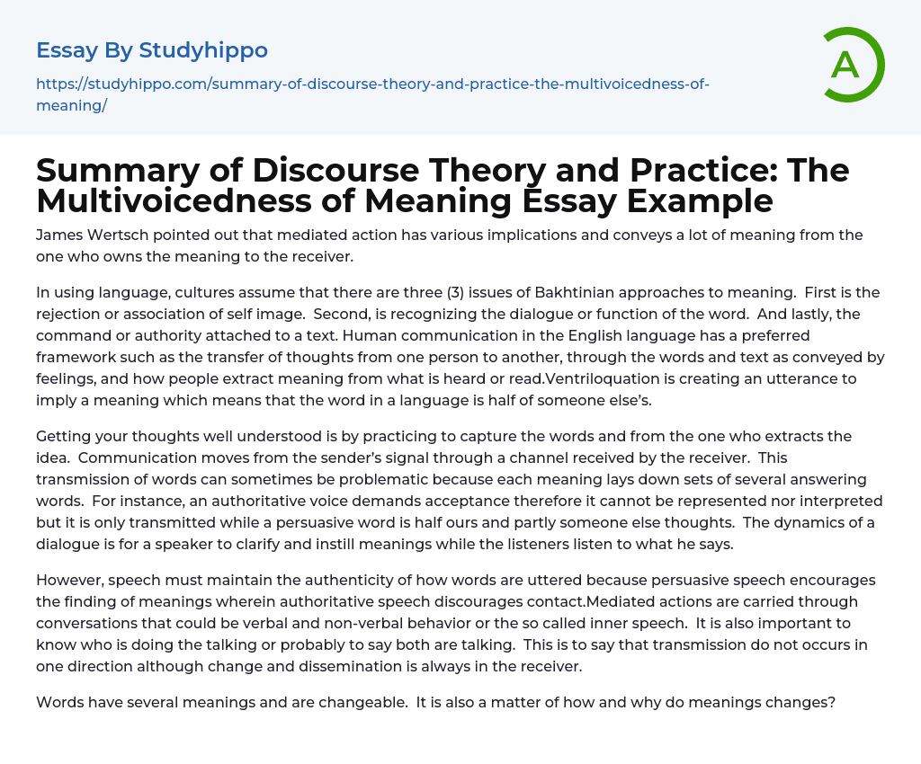 Summary of Discourse Theory and Practice: The Multivoicedness of Meaning Essay Example