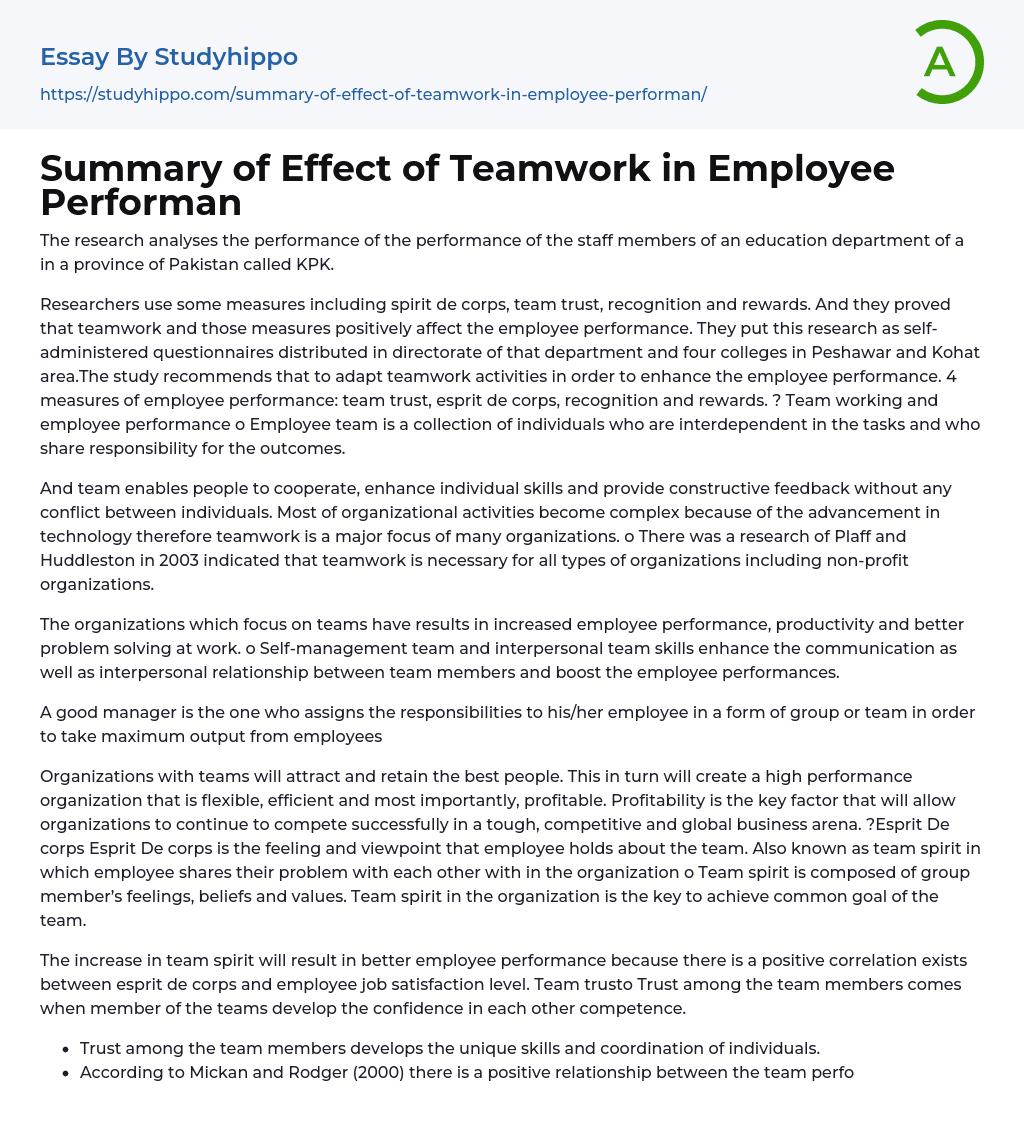 Summary of Effect of Teamwork in Employee Performan Essay Example