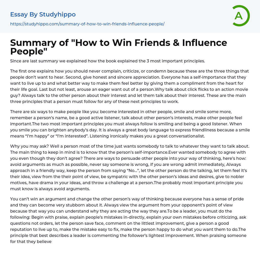 Summary of “How to Win Friends & Influence People” Essay Example