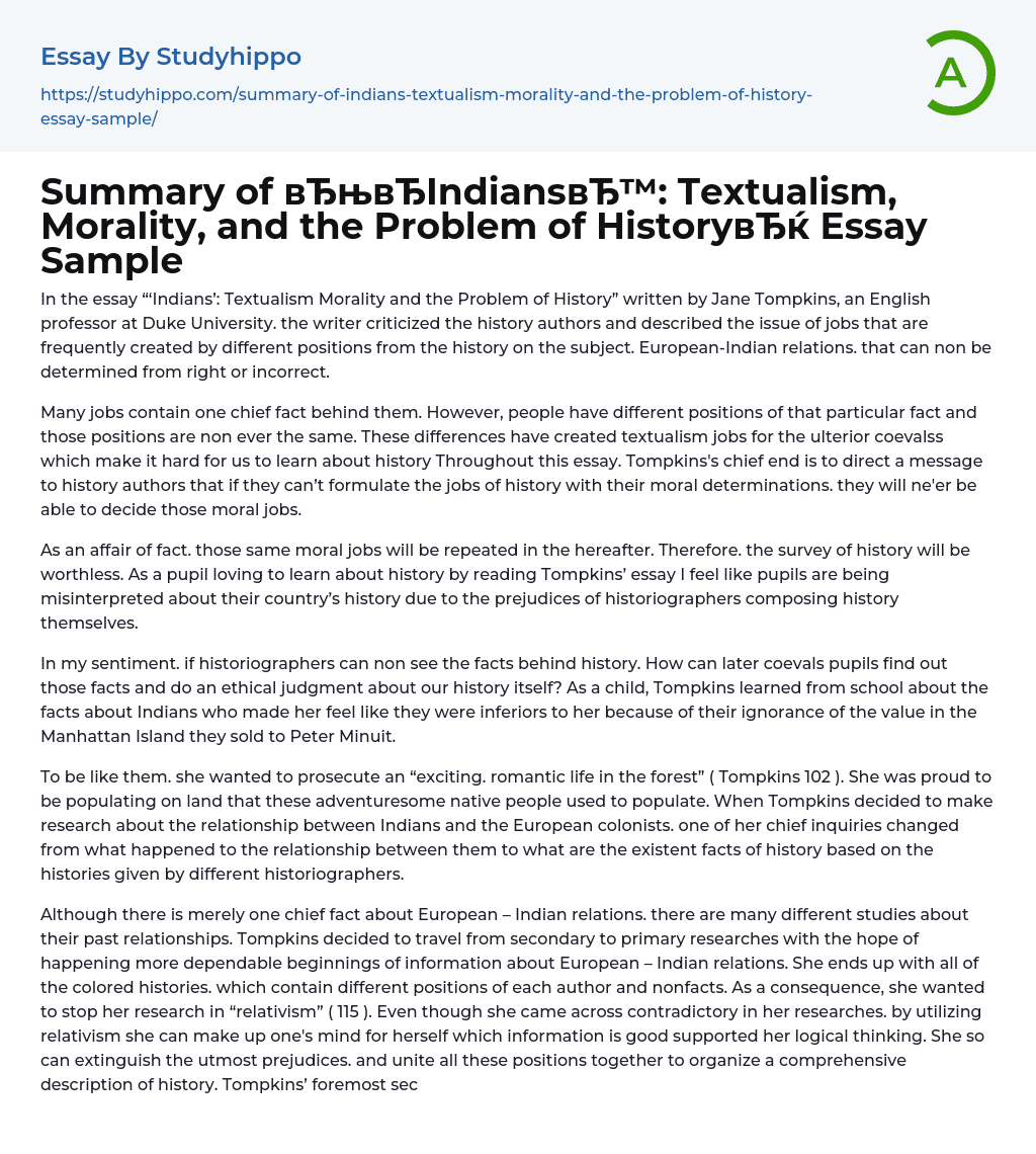 Summary of “”Indians: Textualism, Morality, and the Problem of History” Essay Sample