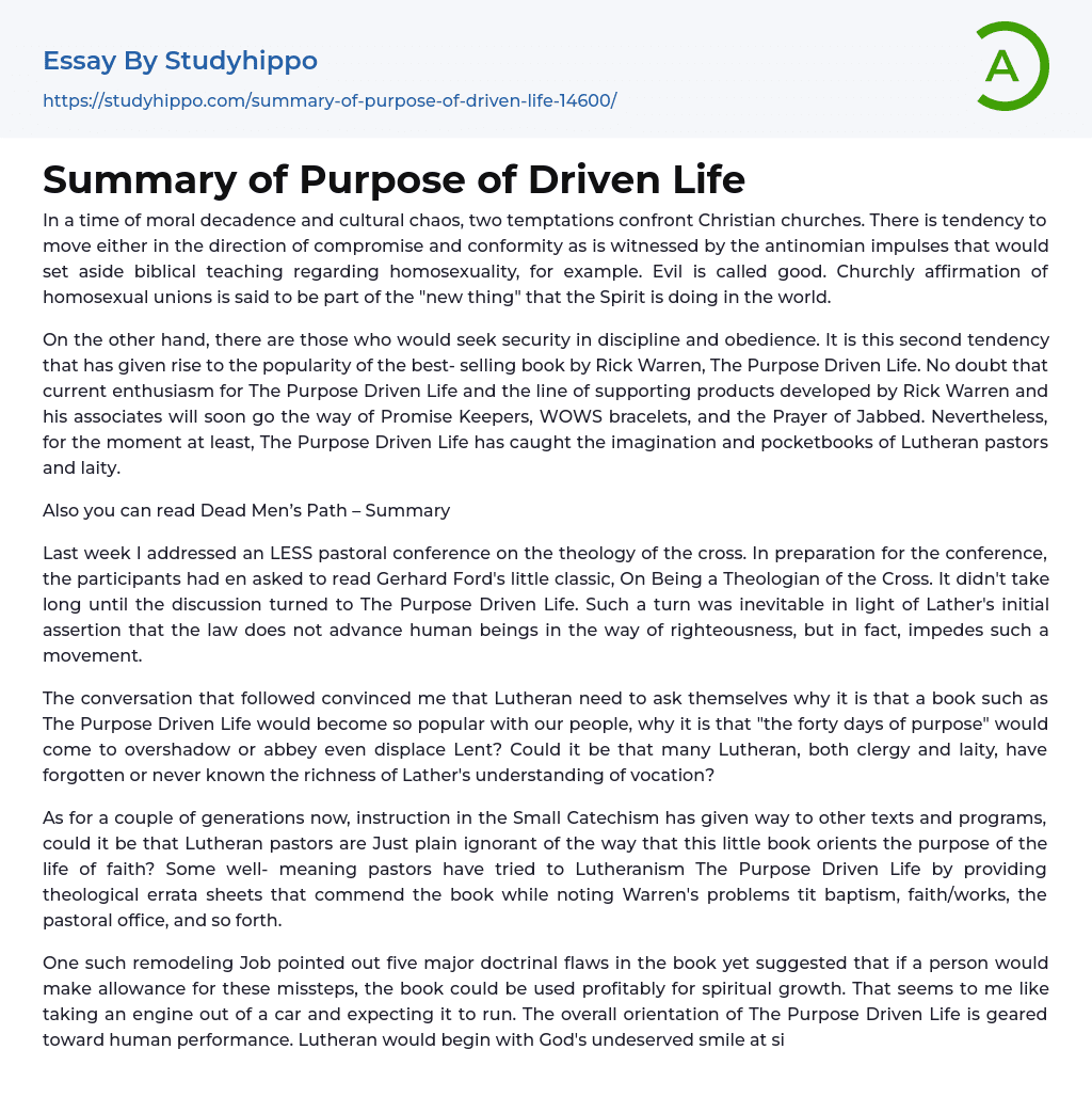 Summary of Purpose of Driven Life Essay Example