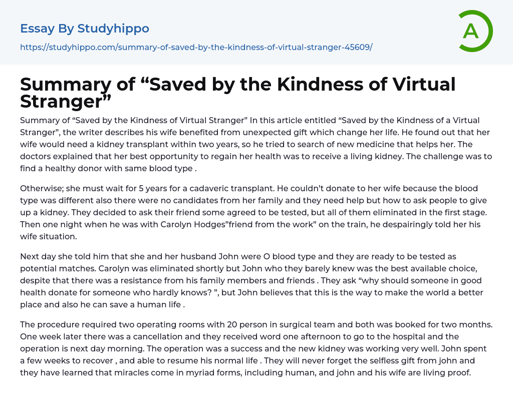 Summary of “Saved by the Kindness of Virtual Stranger” Essay Example
