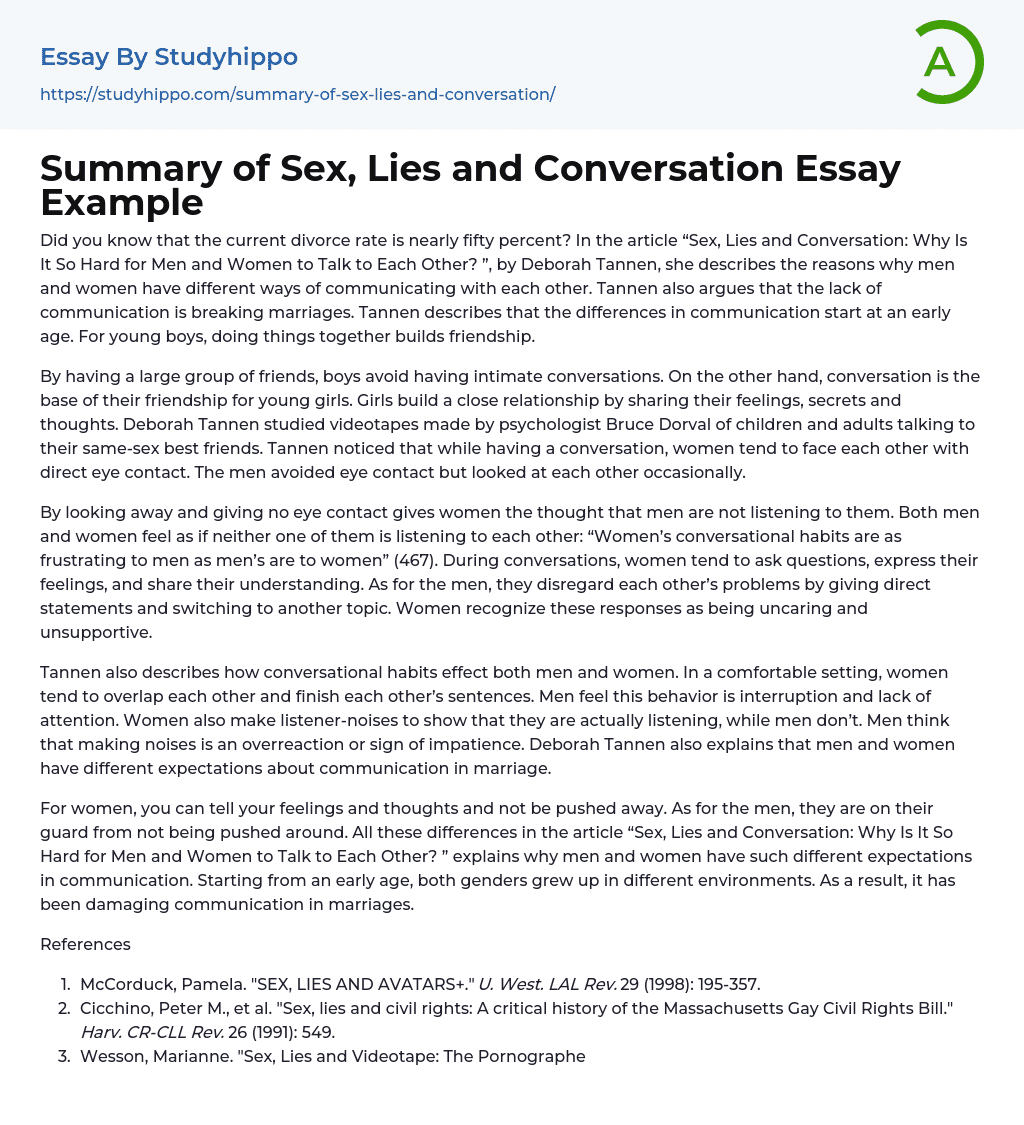 Summary of Sex, Lies and Conversation Essay Example
