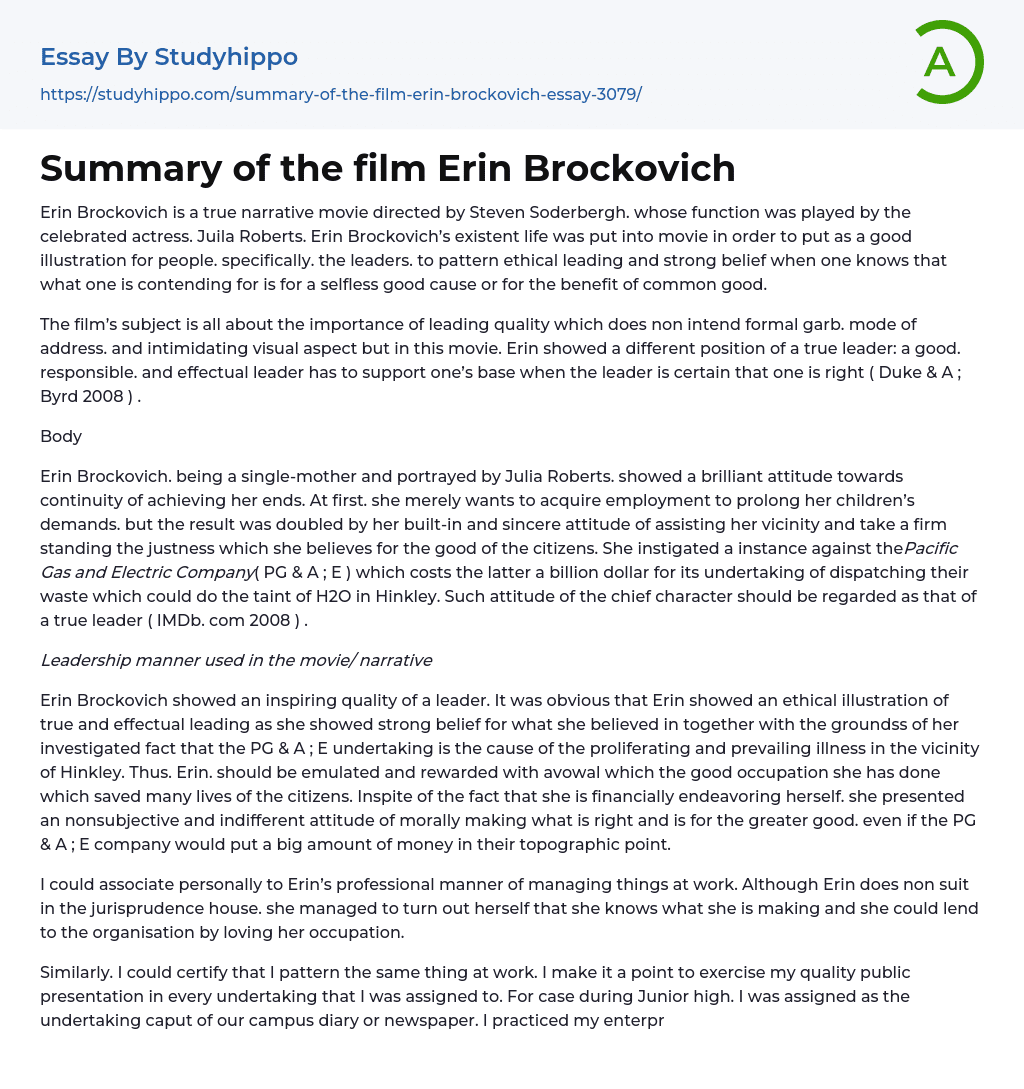 Summary of the film Erin Brockovich Essay Example