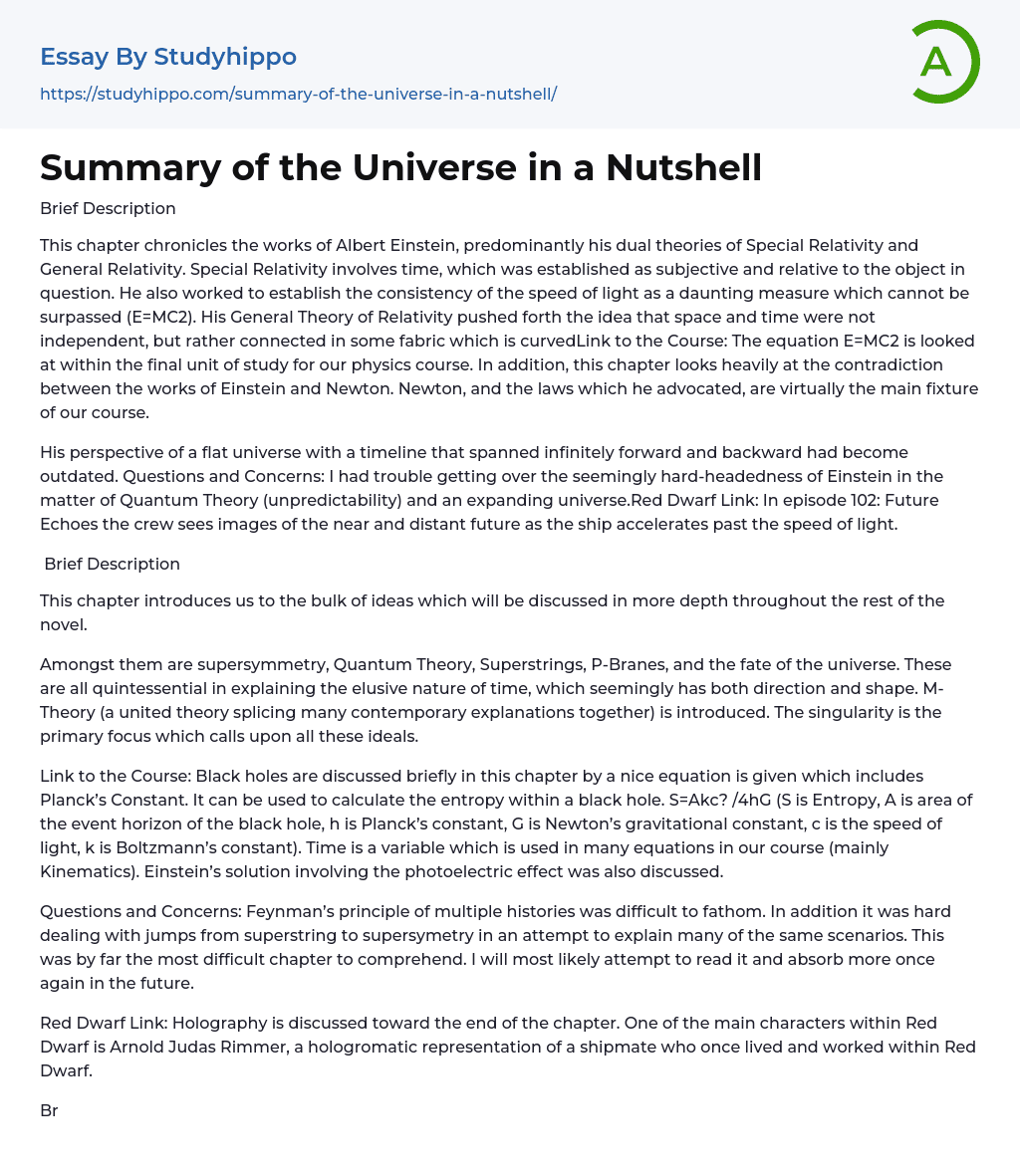 Summary of the Universe in a Nutshell Essay Example