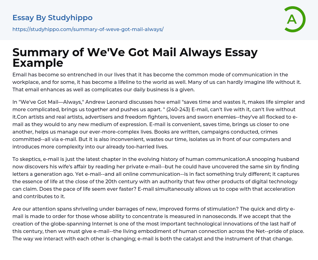 Summary of We’Ve Got Mail Always Essay Example