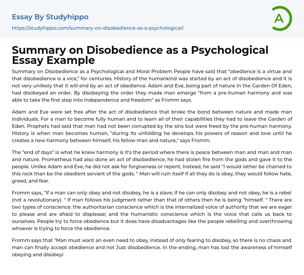 Summary on Disobedience as a Psychological Essay Example