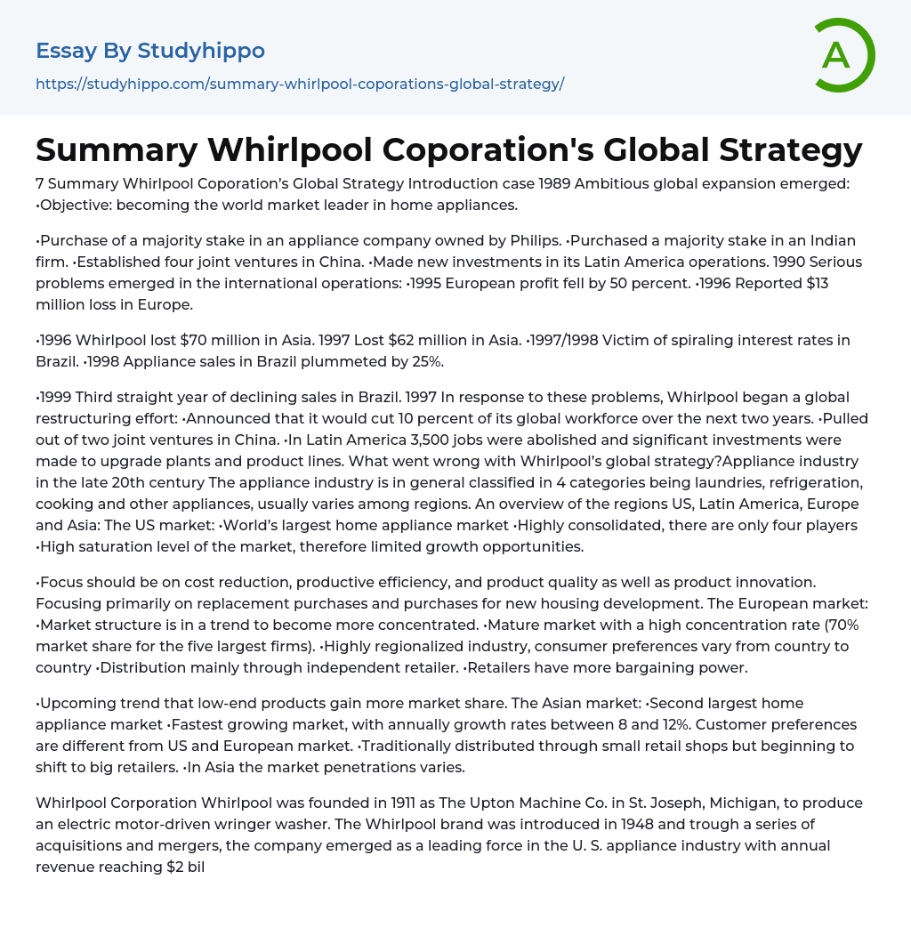 Summary Whirlpool Coporation’s Global Strategy Essay Example