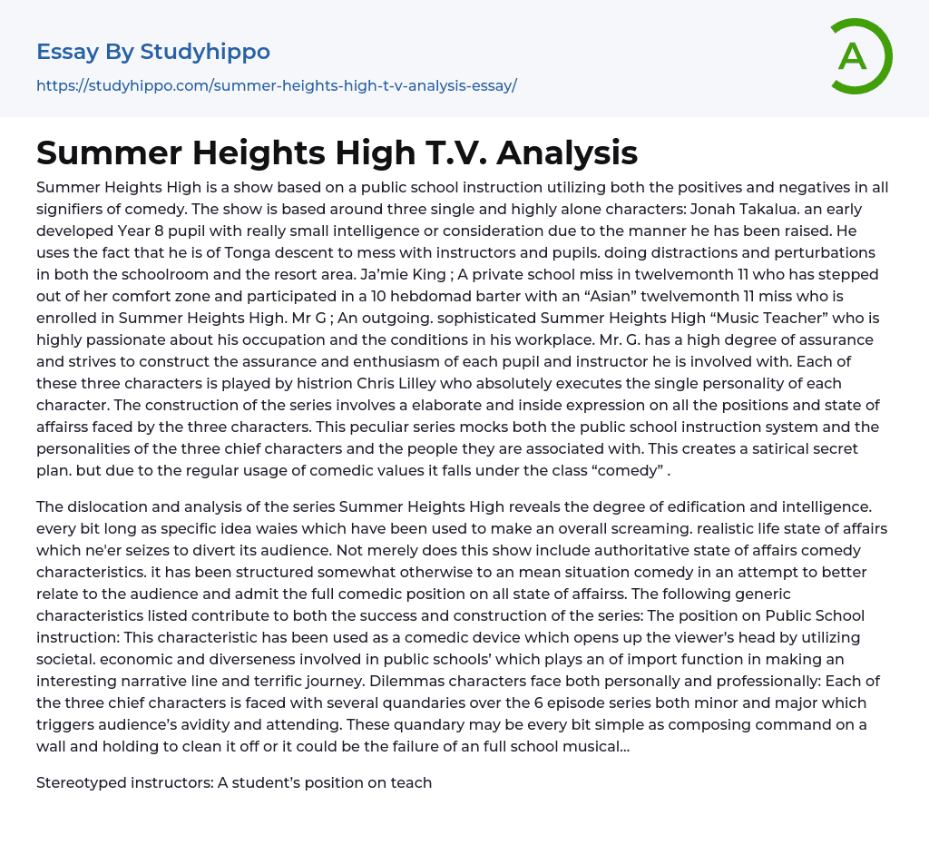 Summer Heights High T.V. Analysis Essay Example