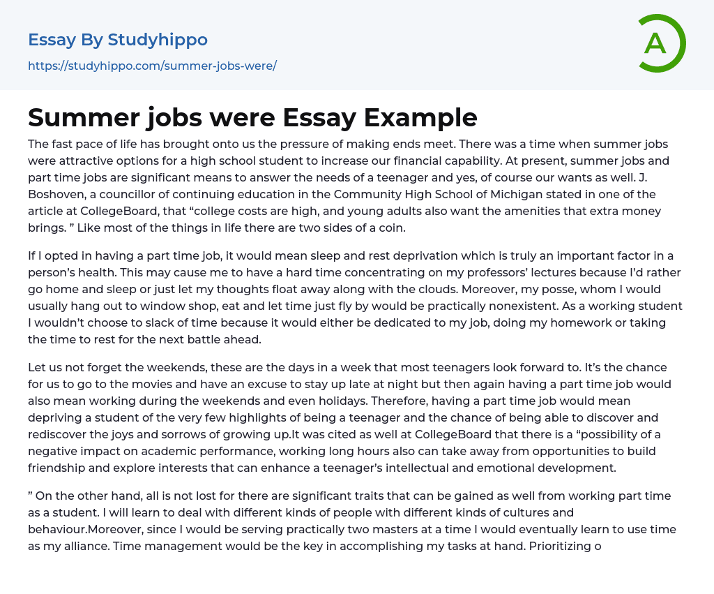 Summer jobs were Essay Example