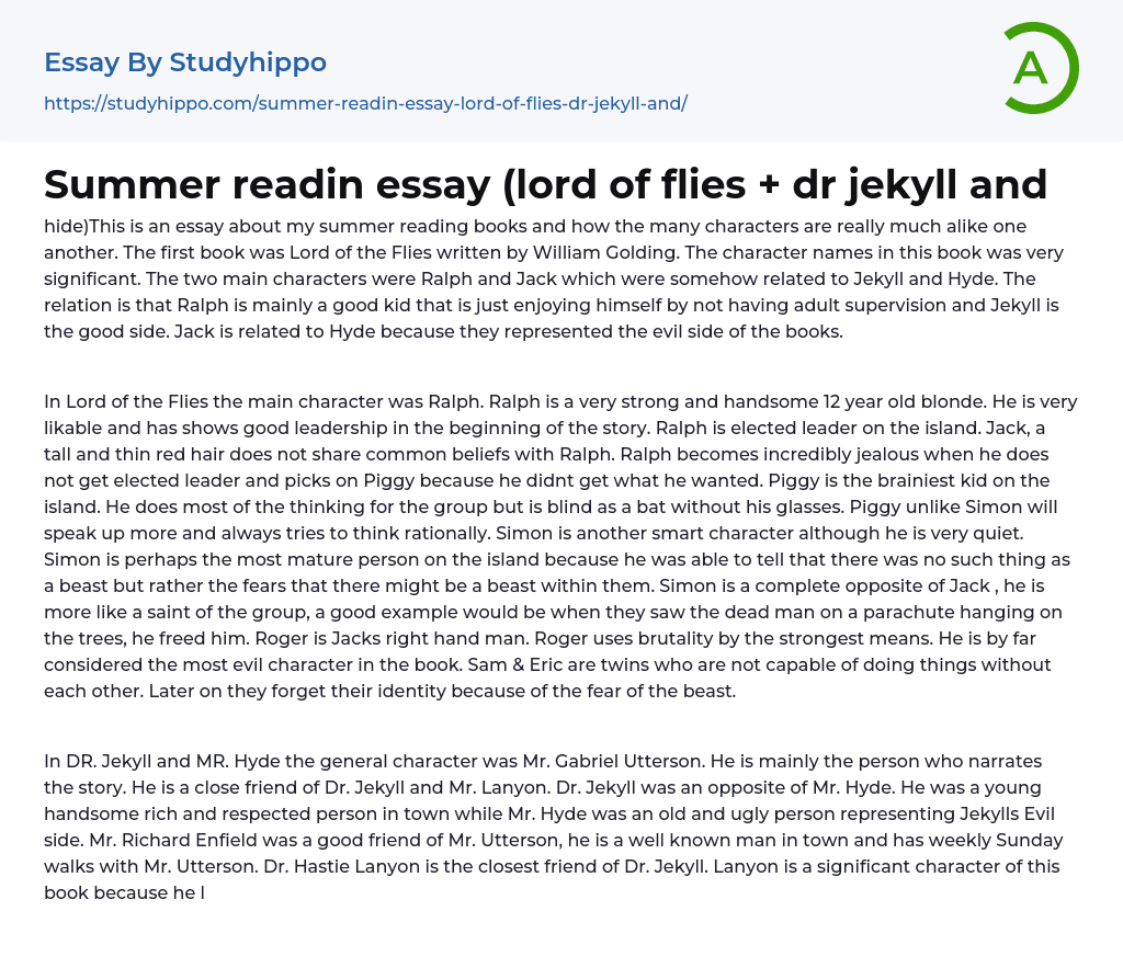 Summer readin essay (lord of flies + dr jekyll and