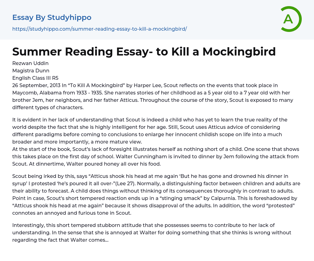 “To Kill A Mockingbird” by Harper Lee Essay Example