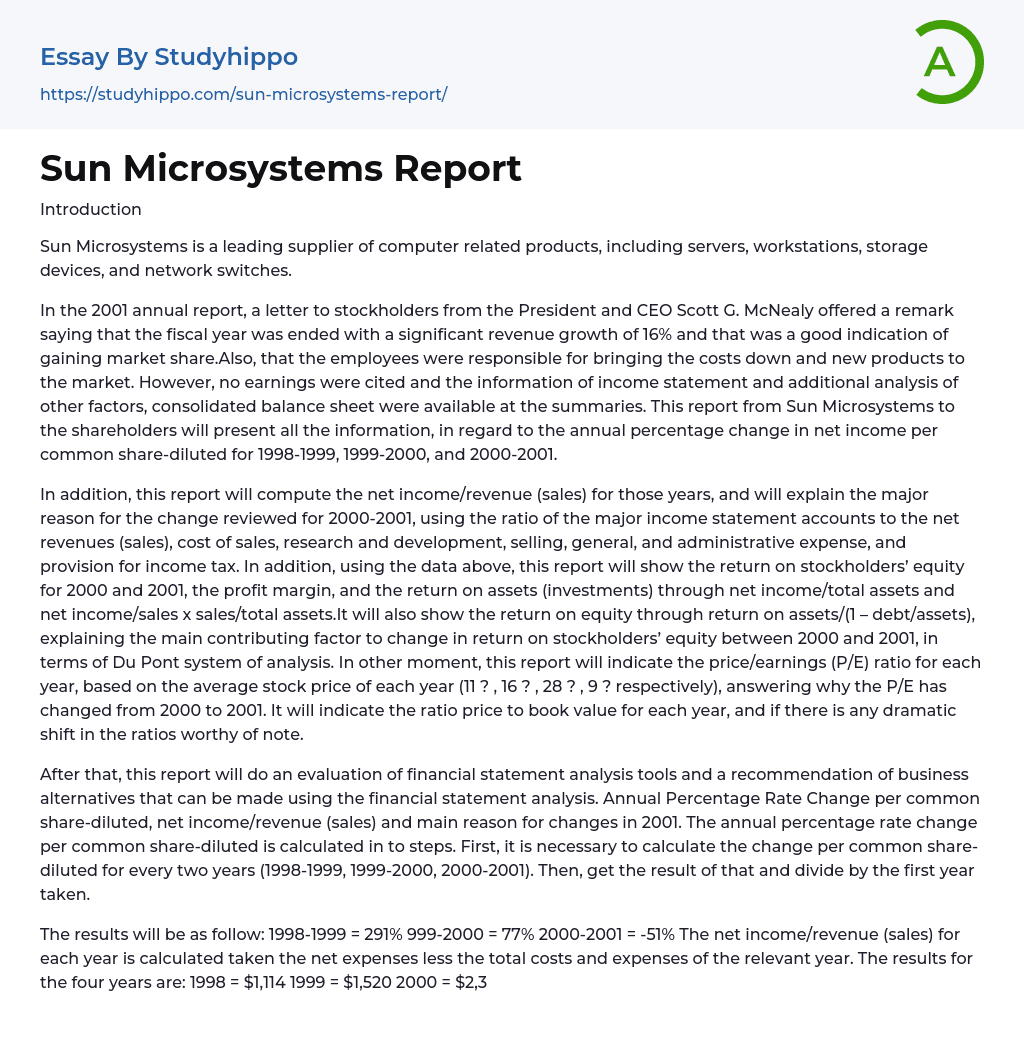 Sun Microsystems Report Essay Example